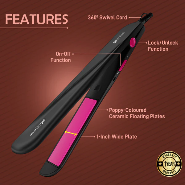 Ikonic Me Go Straight Hair Straightener | Black & Pink | Floating & Ceramic Plates | Lock Function | Quick & Easy to Use | 65 Watts