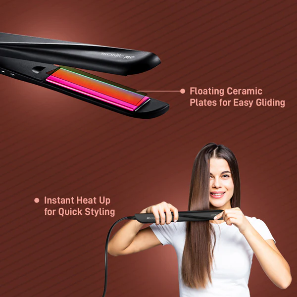 Ikonic Me Go Straight Hair Straightener | Black & Pink | Floating & Ceramic Plates | Lock Function | Quick & Easy to Use | 65 Watts