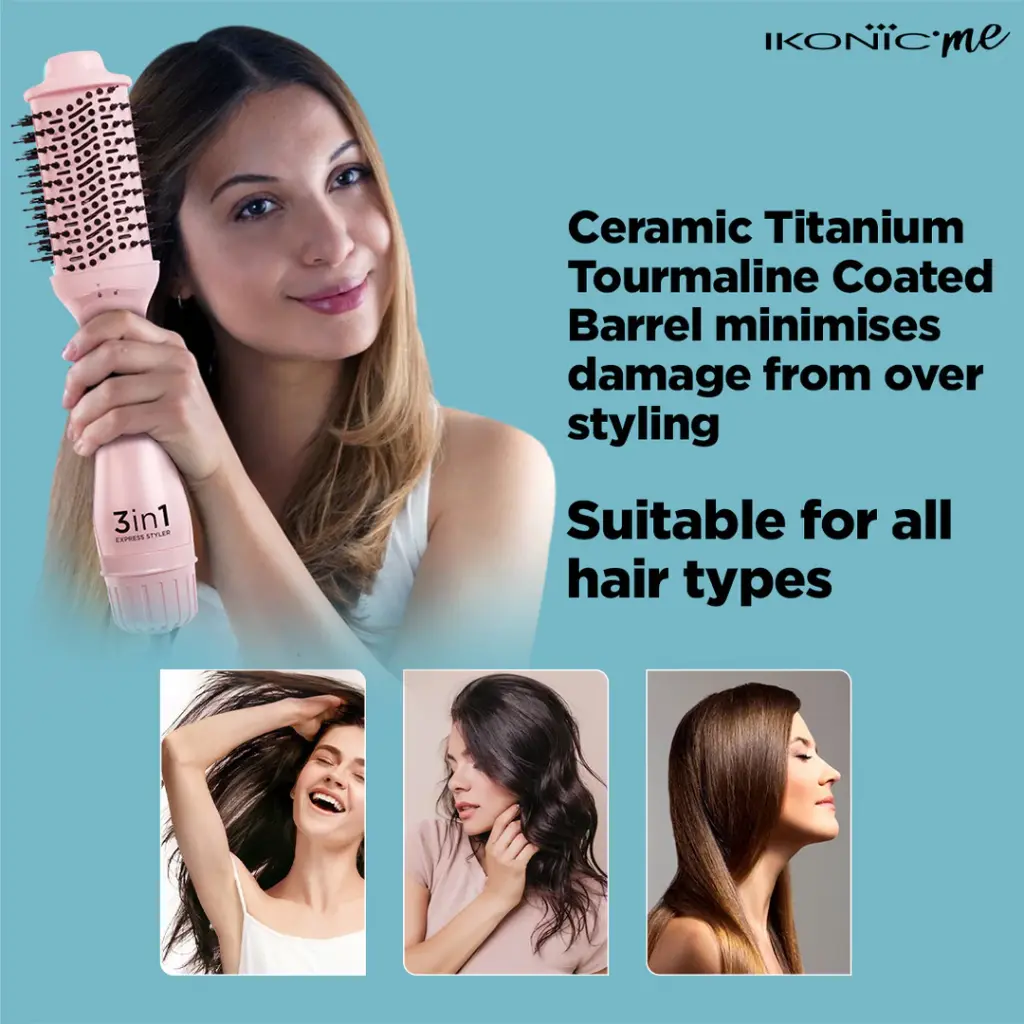 IKONIC ME 3 in 1 Express Styler 1200W (PINK) | Hot Air Blow Dryer | Volumizer | Ceramic Titanium coated barrel