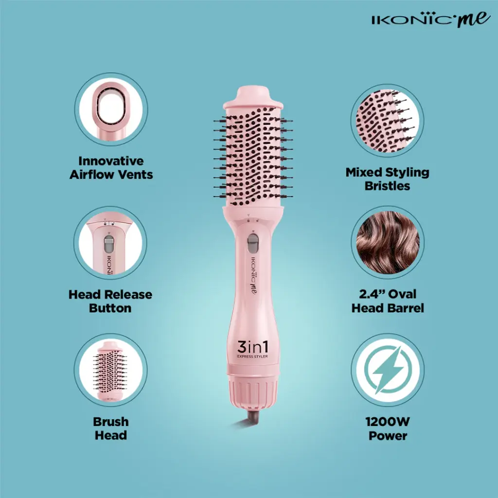 IKONIC ME 3 in 1 Express Styler 1200W (PINK) | Hot Air Blow Dryer | Volumizer | Ceramic Titanium coated barrel